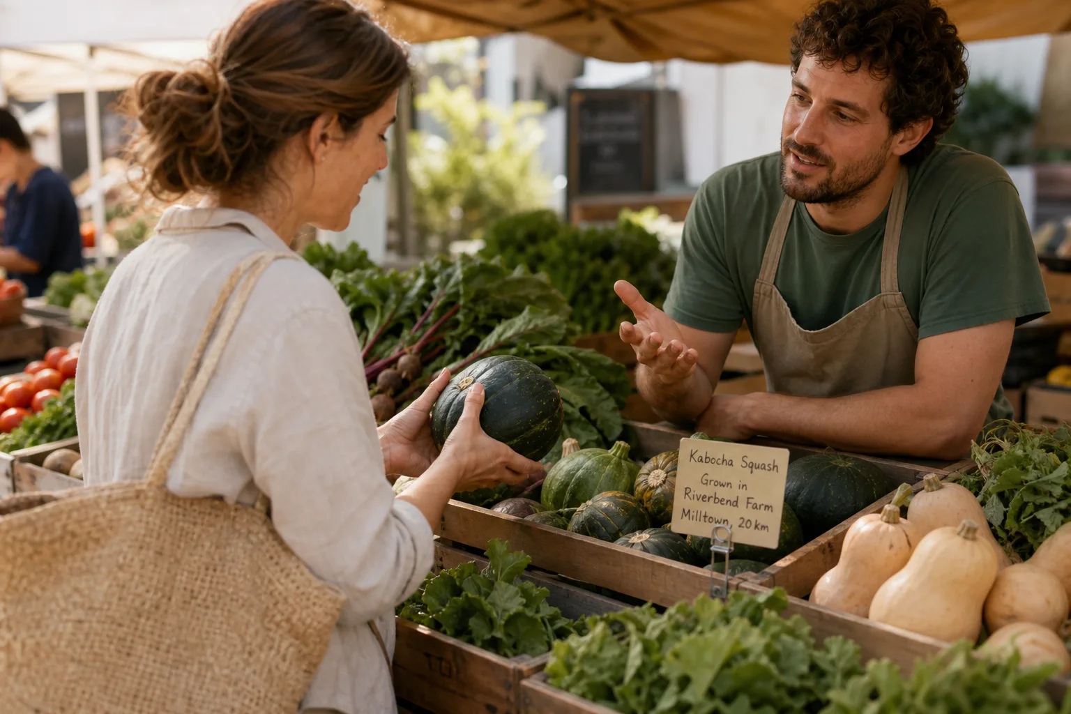 Woman holding squash and talking to vendor at outdoor market stall with fresh vegetables