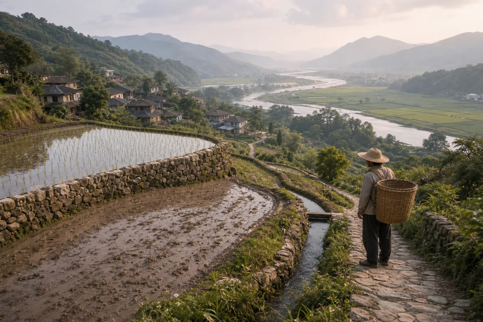 Person with woven basket walking on stone path near stepped rice terraces with water and distant river