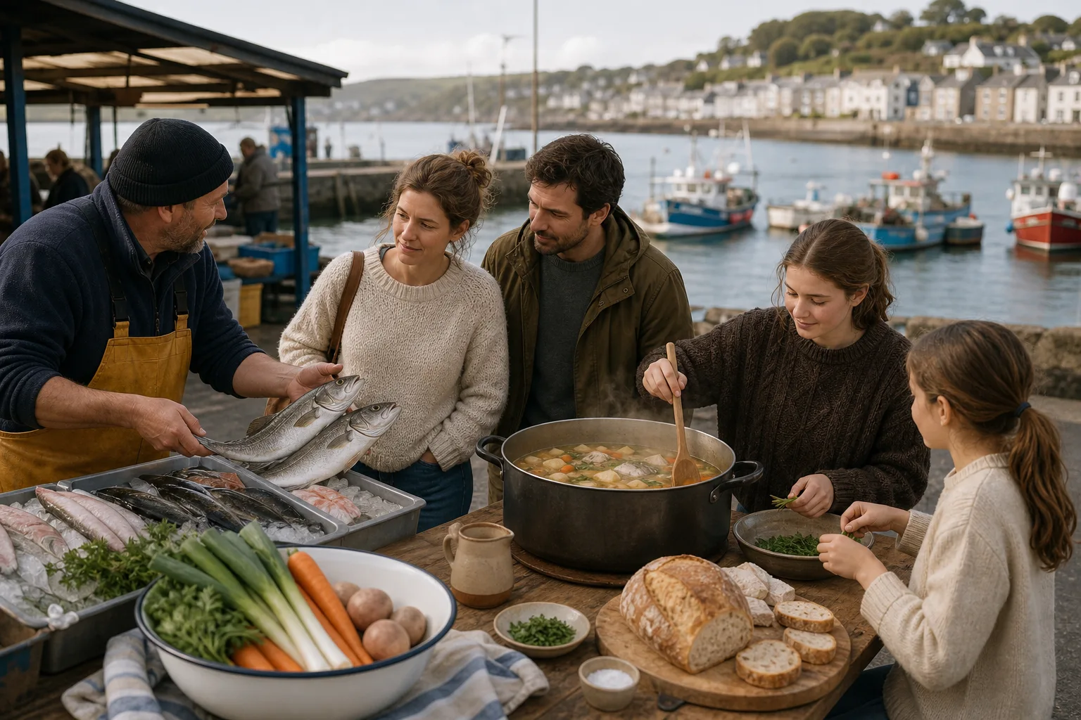 People at a seaside market with fresh fish, vegetables, and a large pot of steaming stew on a wooden table